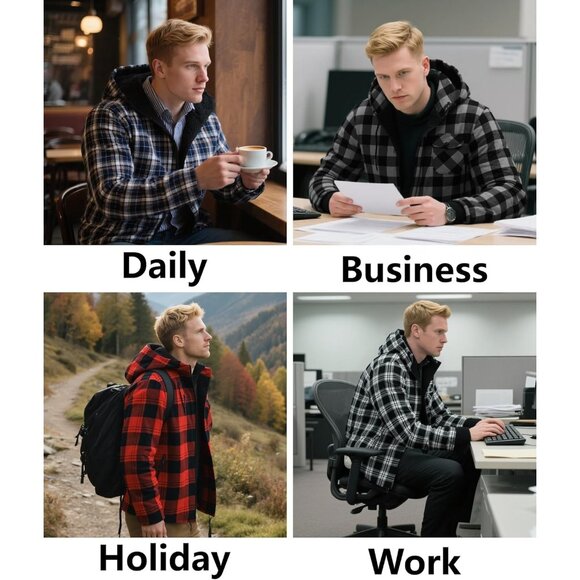 Men'sYellow Black Flannel Plaid Jacket Warm Sherpa Lined Fleece Hoodies - Picture 5 of 5